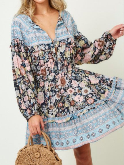 Blue Navy Paisley Color Block Ruffle Dress