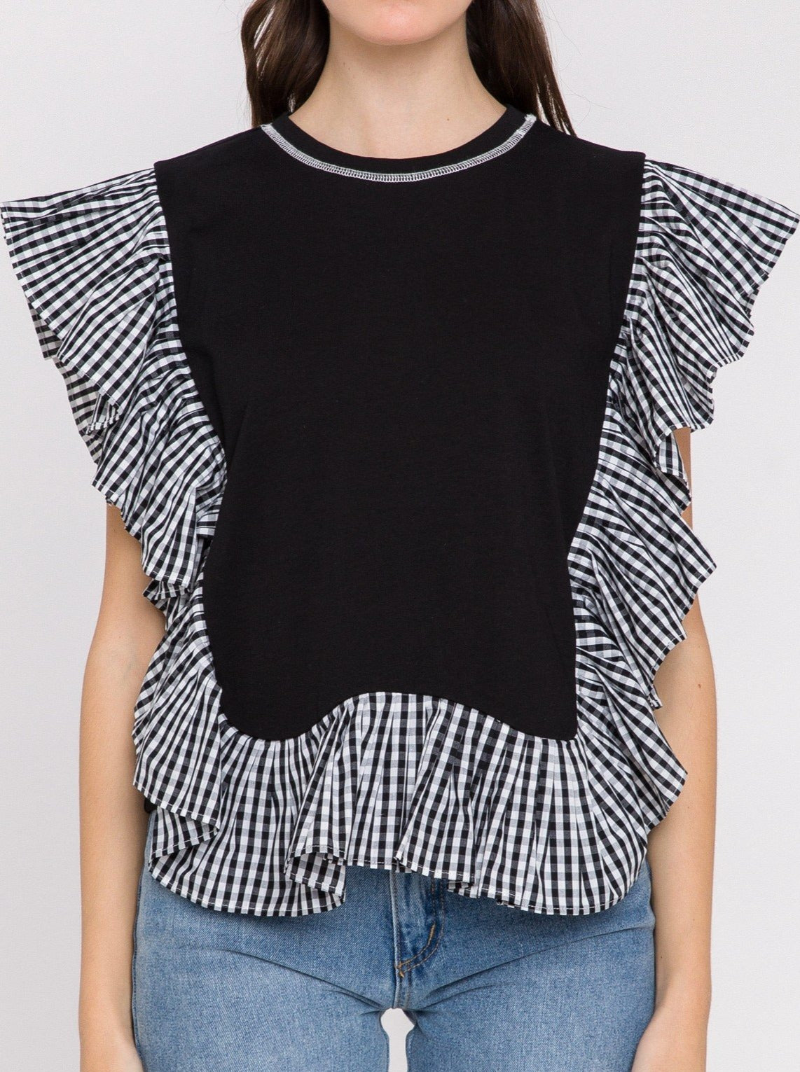 Black Checkered Detail Ruffle Sleeve Top