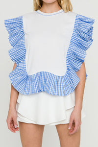 Black Checkered Detail Ruffle Sleeve Top