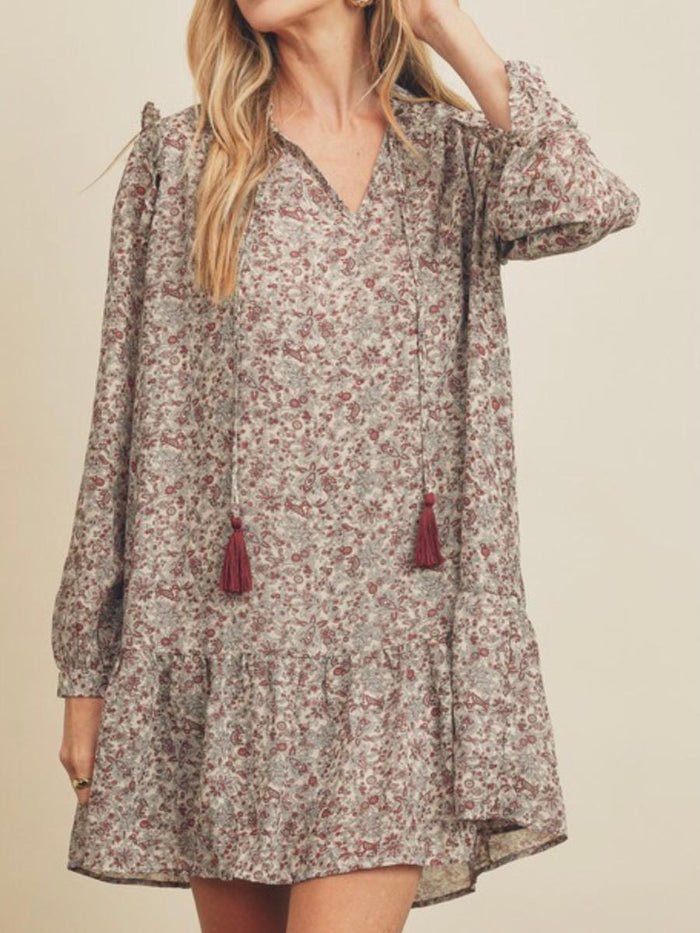 Sage Burgundy Paisley Drop Waist Dress