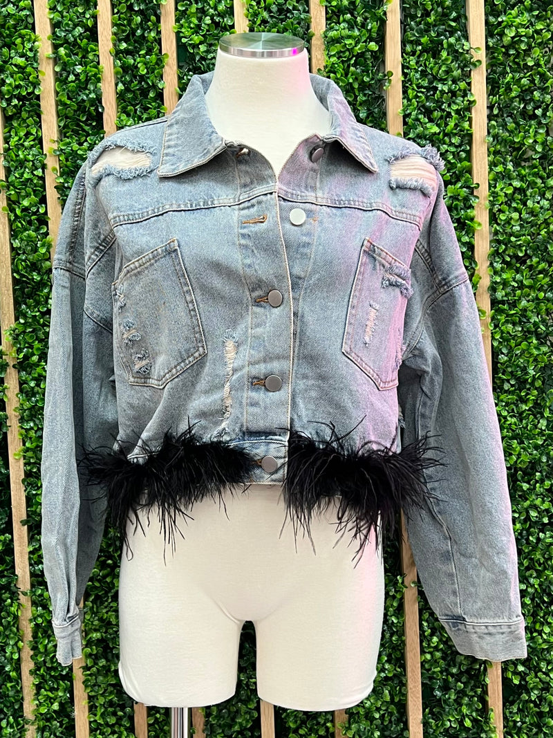 Feather Trim Denim Crop Jacket