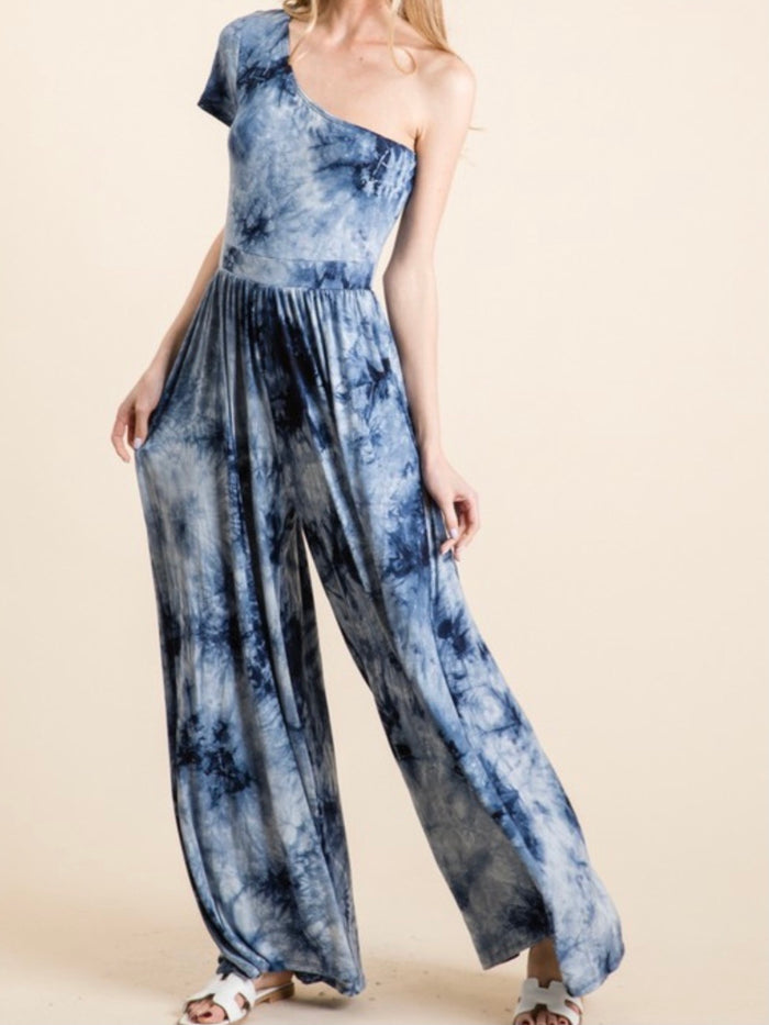 One Shoulder Navy Tie Dye Jumpsuit