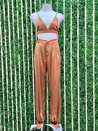 Satin Caramel Crop / Jogger Set