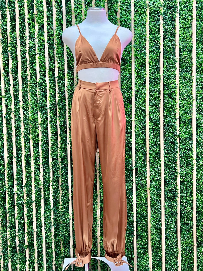 Satin Caramel Crop / Jogger Set