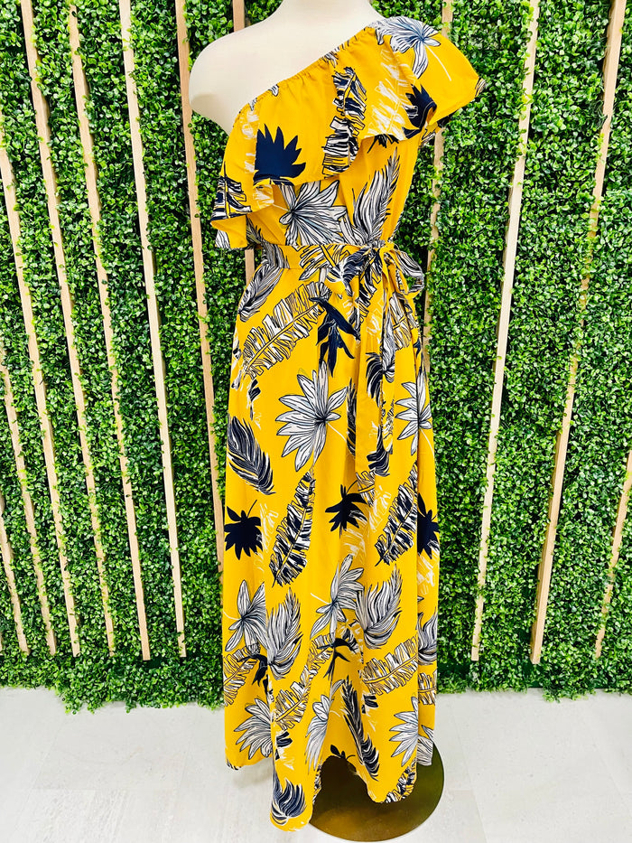 Mustard Tropical One Shoulder Maxi Dress