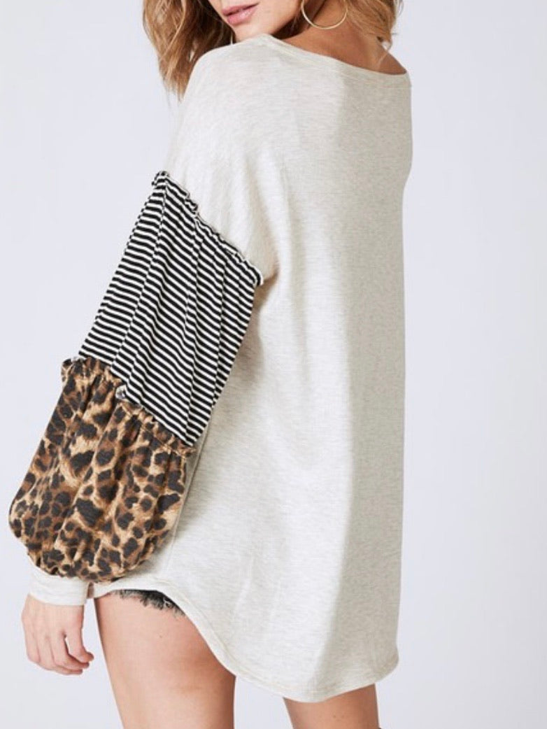Leopard Block Puff Sleeve Sweater