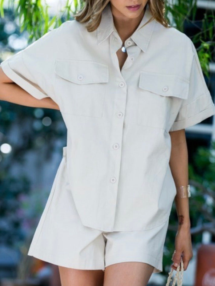 Beige Short Sleeve Button Down Blouse