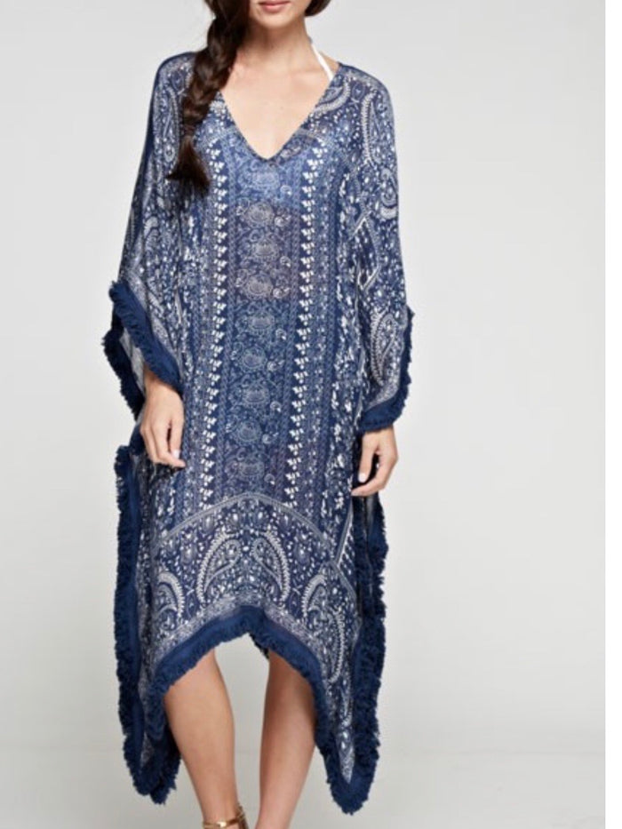 Navy Fringe Trim Kaftan