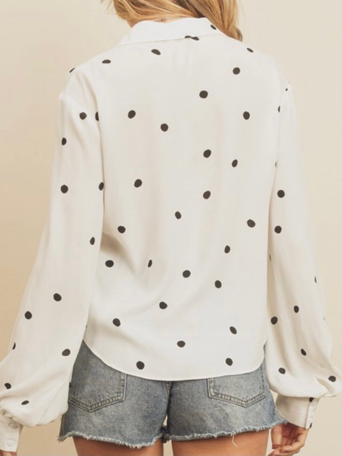 Polka Dot Puff Sleeve Button Down Shirt