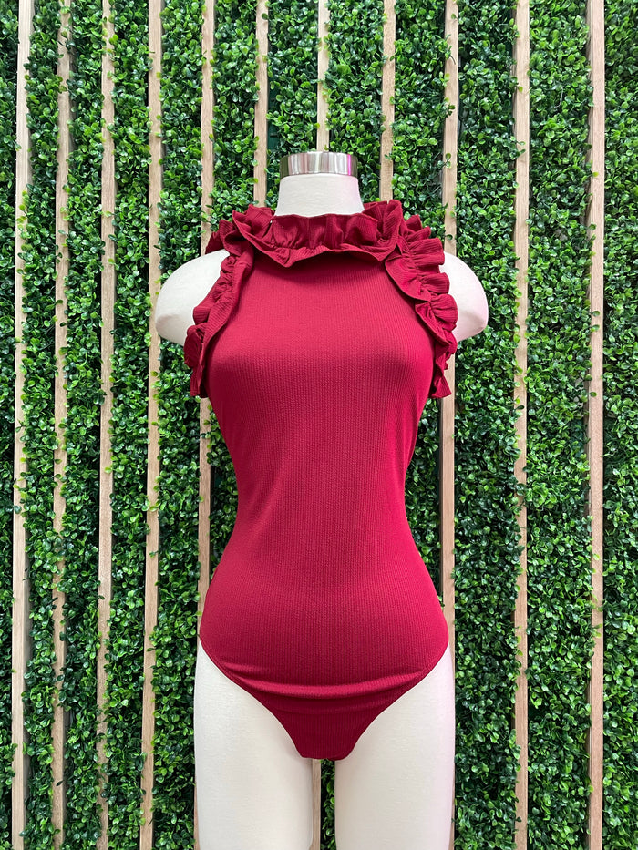 Deep Red Ruffled Neckline Bodysuit