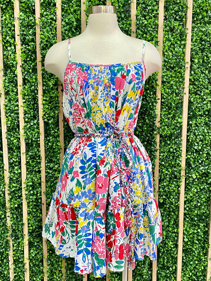 Multi Floral Strappy Tiered Short Dress