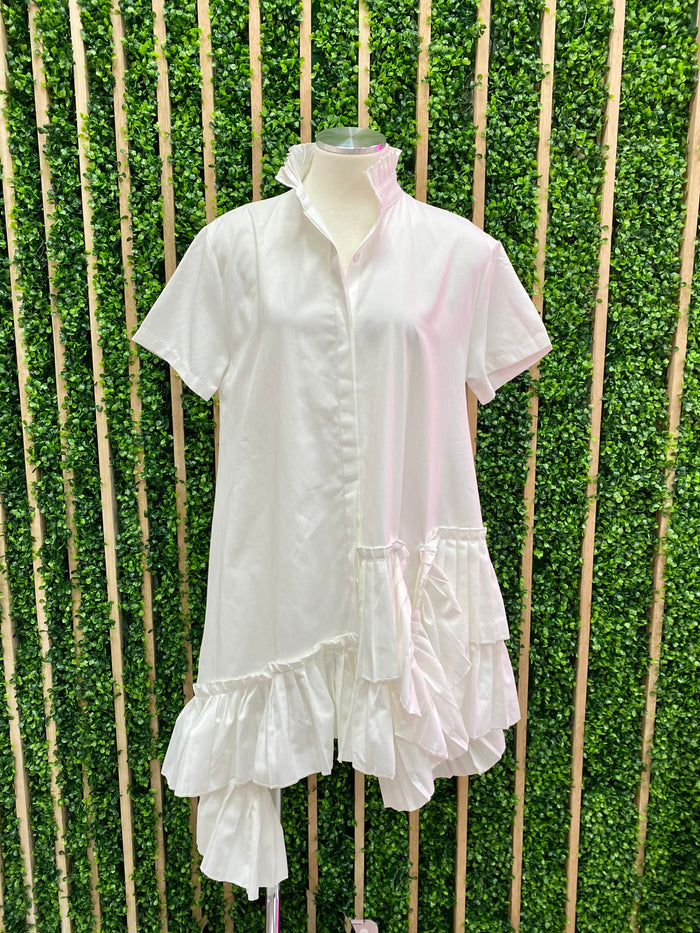 Frilled High Neck Uneven Hem Short Dress