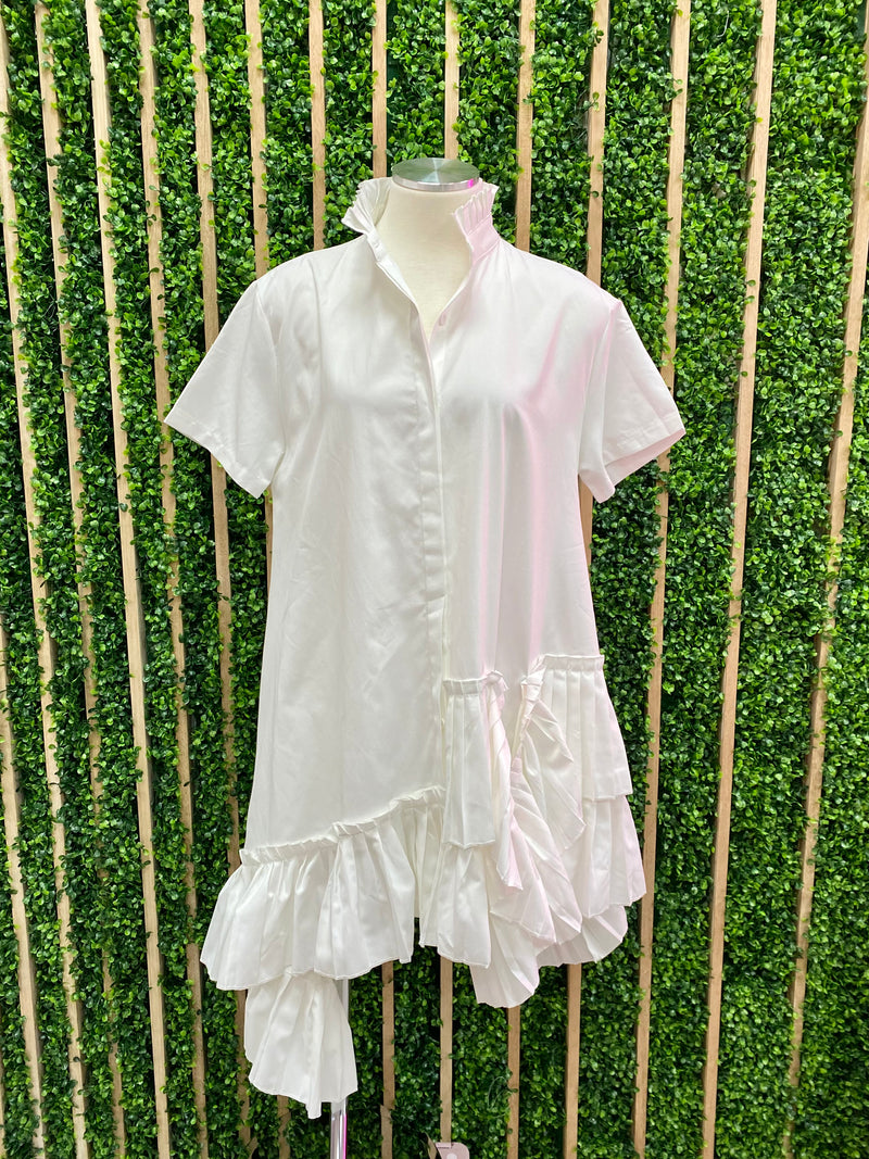 Frilled High Neck Uneven Hem Short Dress