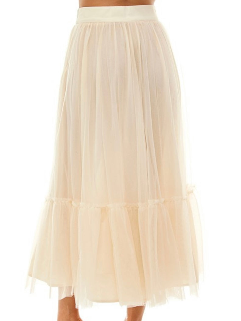 Cream Tiered TUlle Midi Skirt