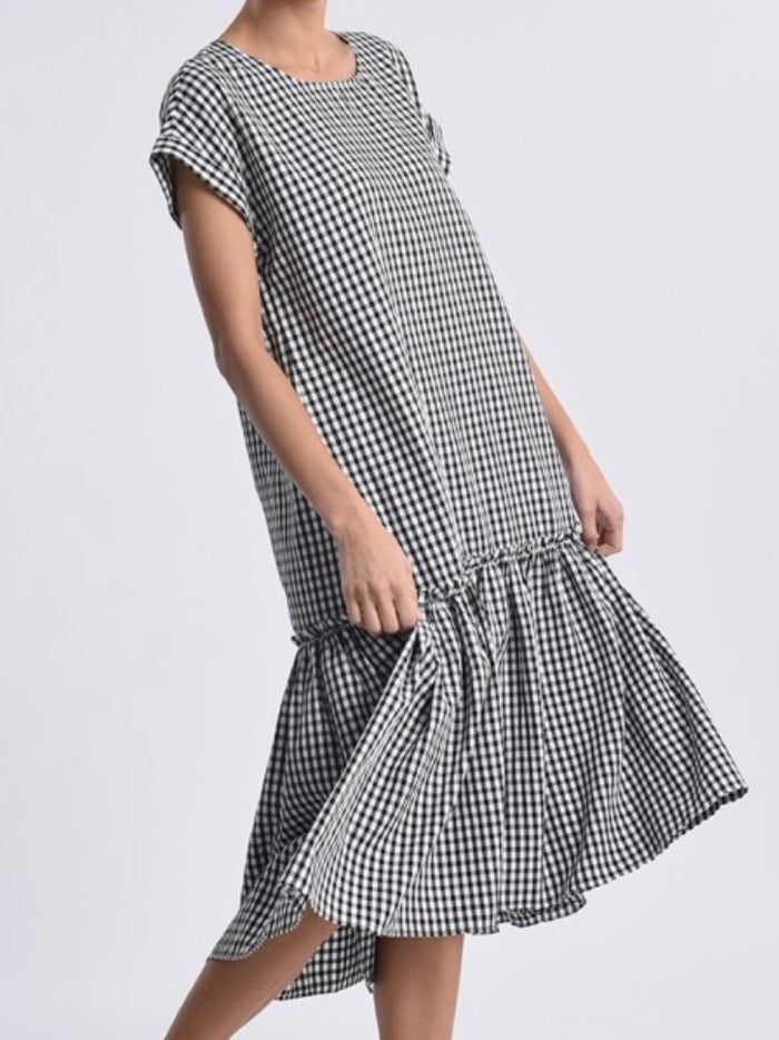 Black Gingham Cap Sleeve Midi Dress