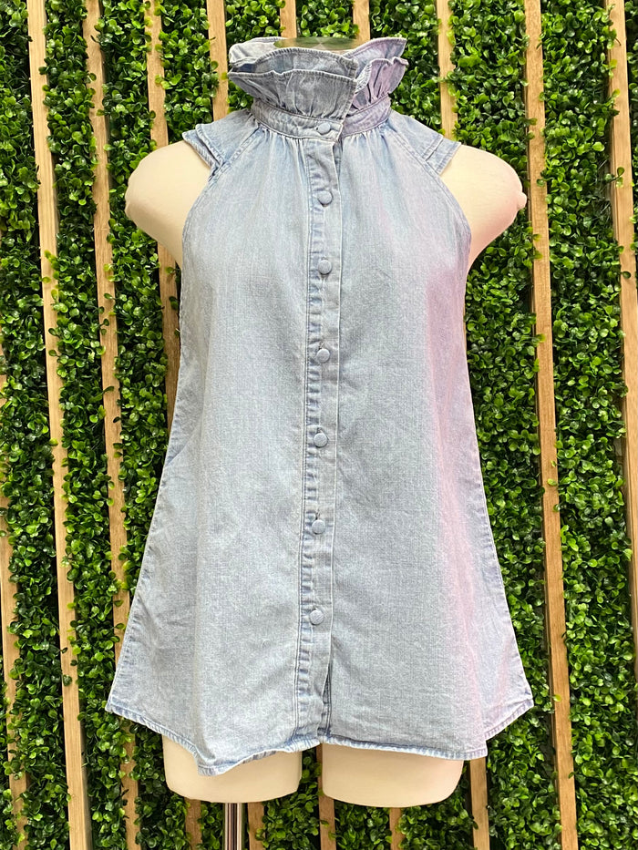 Ruffled Neck Denim Top
