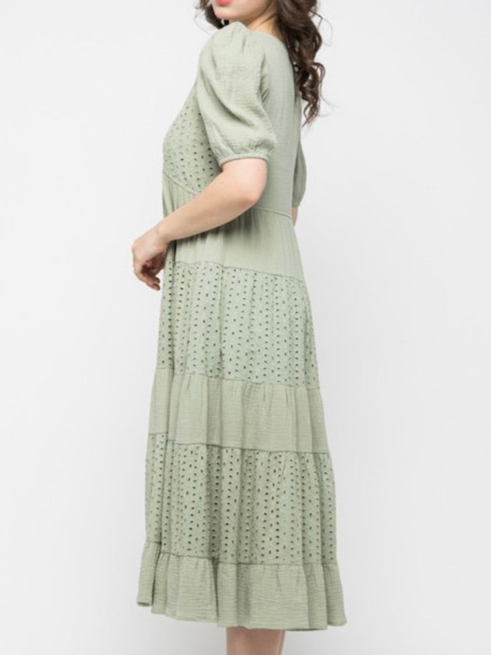 Sage Eyelet Balloon Sleeve Dress