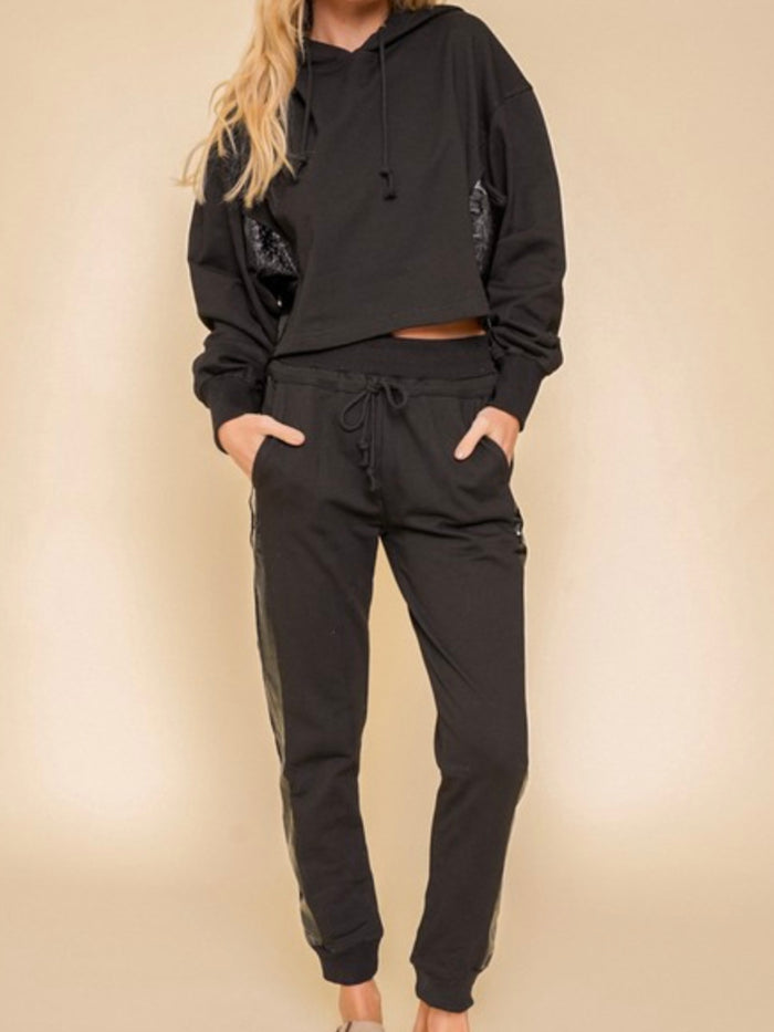 Faux Leather Side Panel Jogger Set