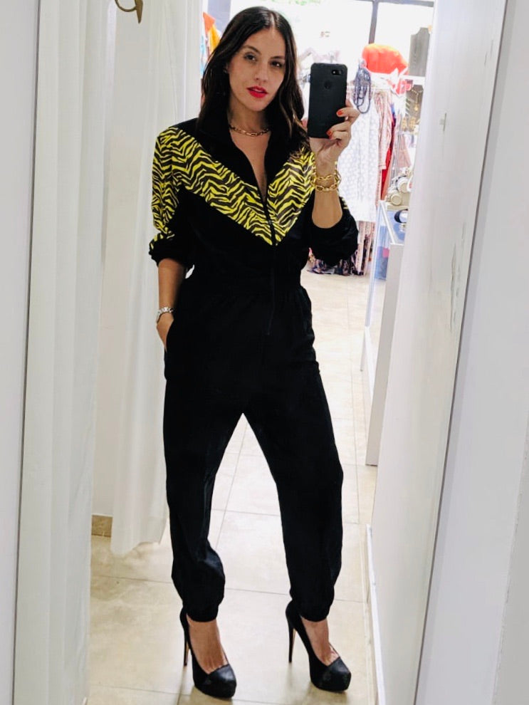 Black Animal Print Contrast Jumpsuit