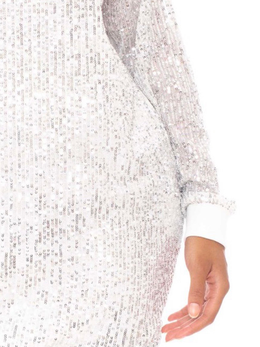 SILVER SEQUIN WIDE NECK BOXY MINI DRESS