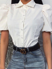 White Collar Button Up Puff Sleeve Blouse