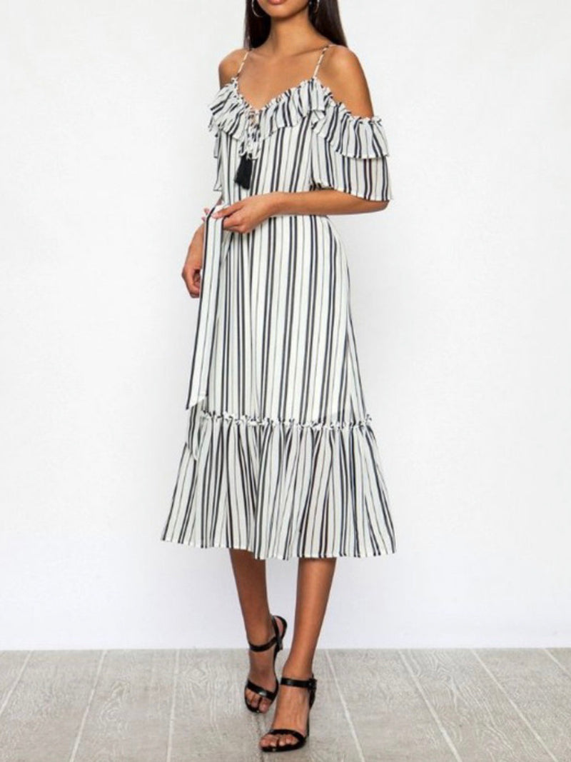 Striped Cold Shoulder Midi Dress