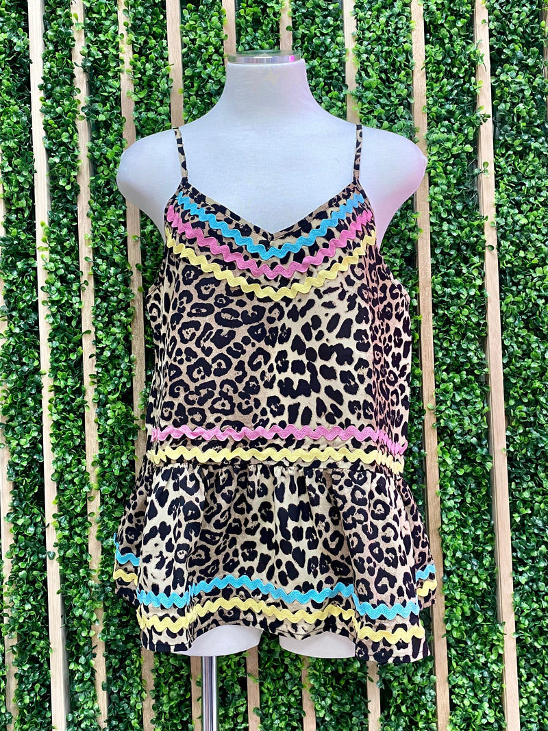 Colorful Rig Rag Trim Leopard Print Top