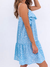 White Blue Ruffled Drop Waist Dress