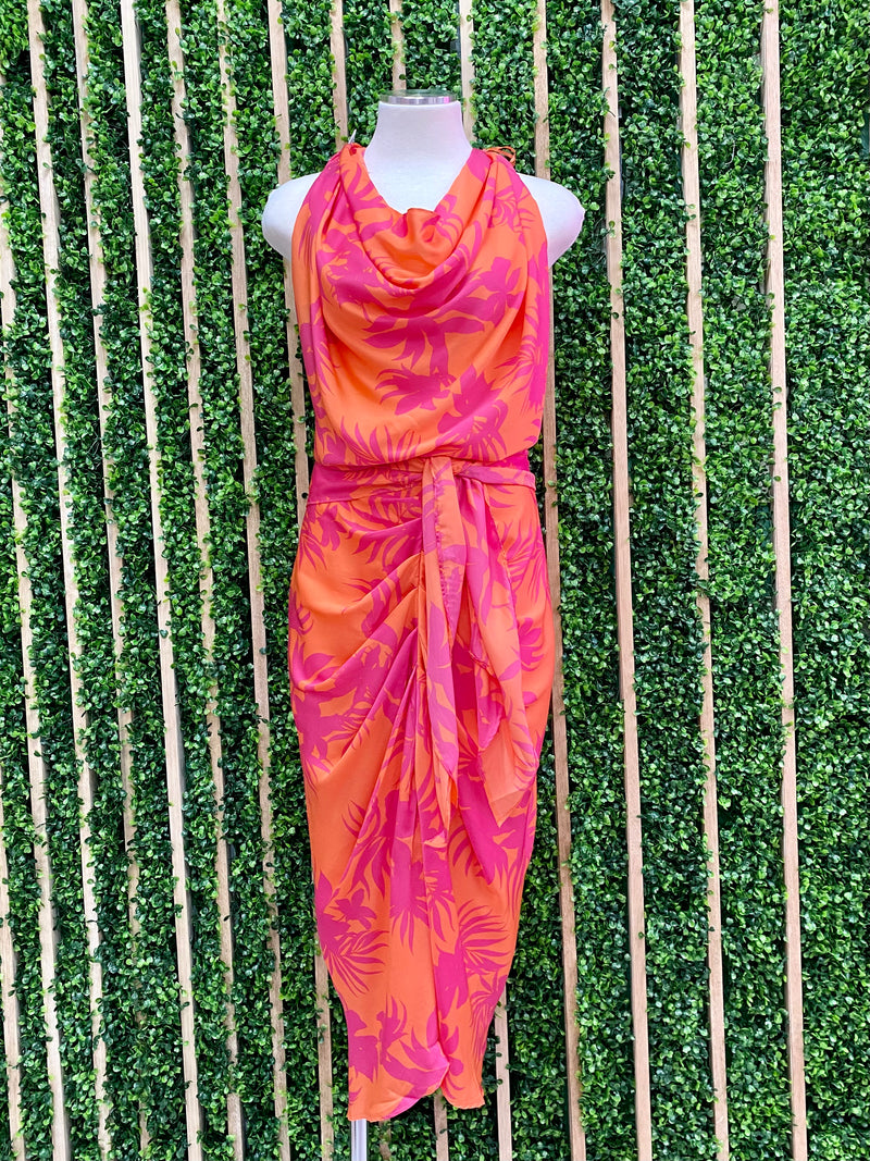 Papaya Print Ruched Midi Skirt