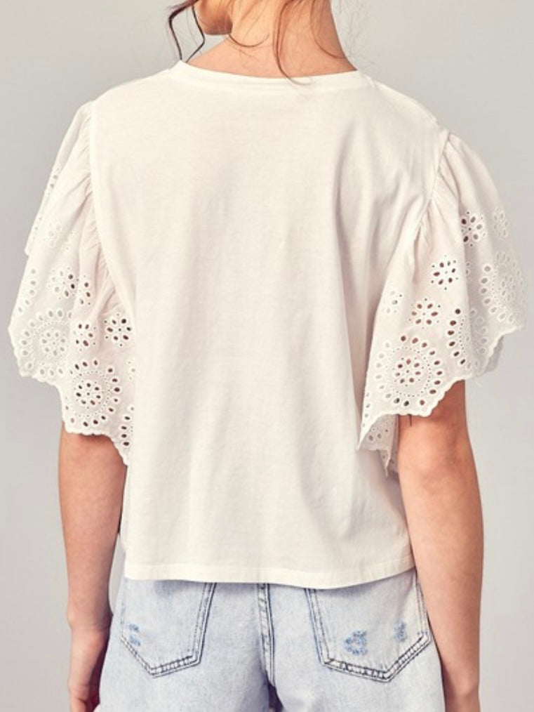 White Eyelet Flutter Sleeves Top