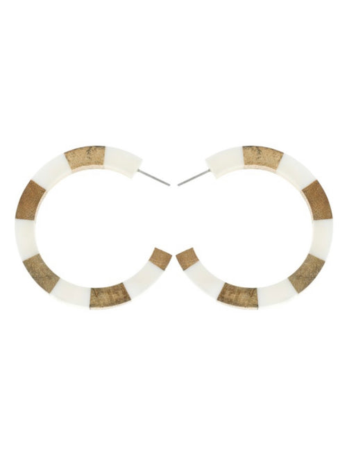 White Two Tone Striped Wood Open Hoop Earrings