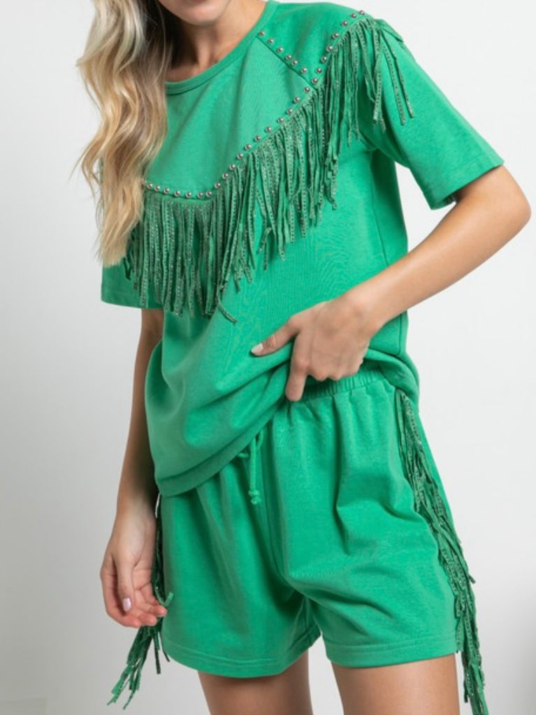 Studded Fringe Detail Short Pant Set