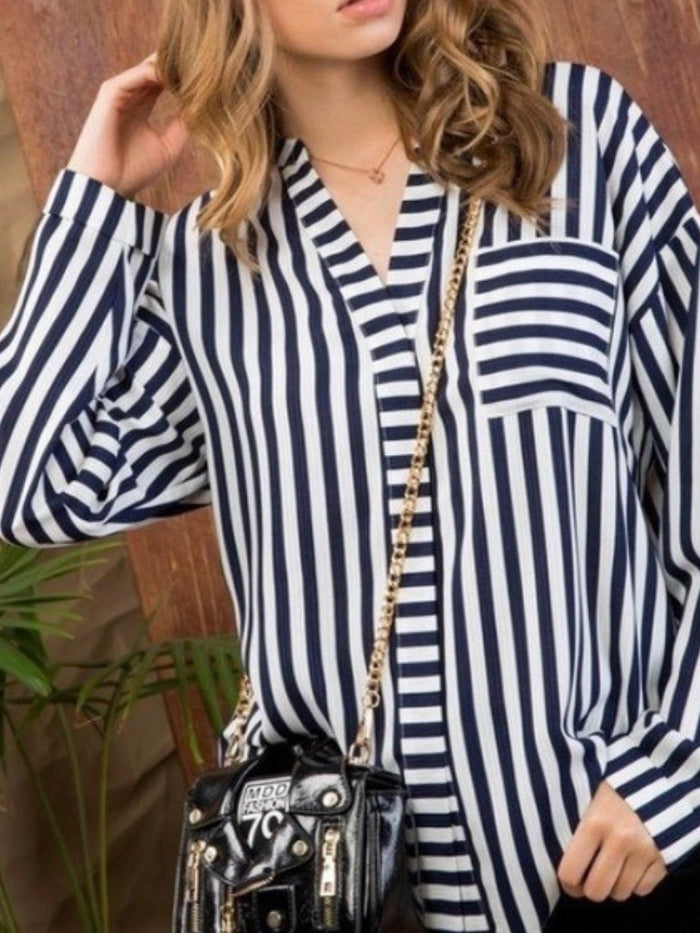 Navy Stripes Round Neck Button Down Blouse