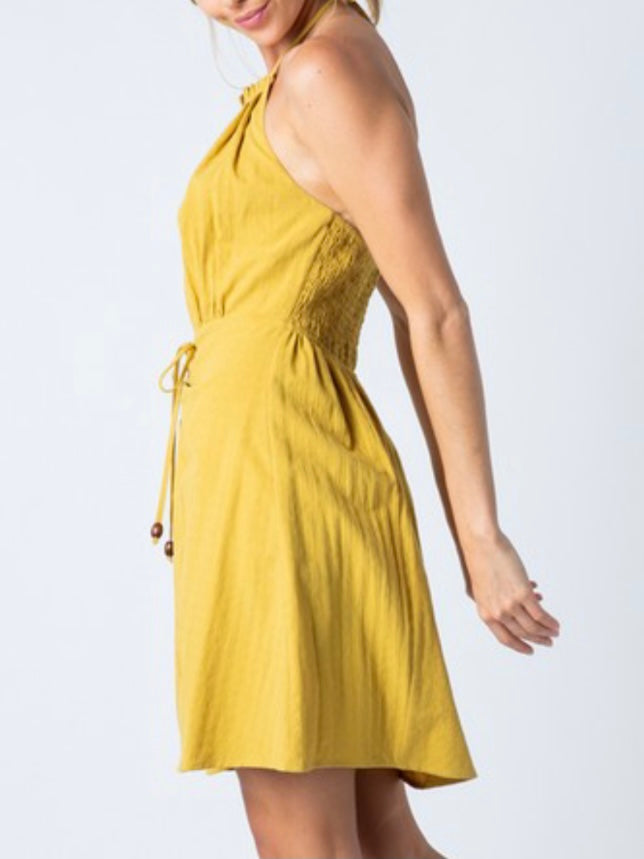 Mustard Halter Ruched Dress