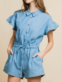 Ruffled Sleeve Paperbag Denim Romper