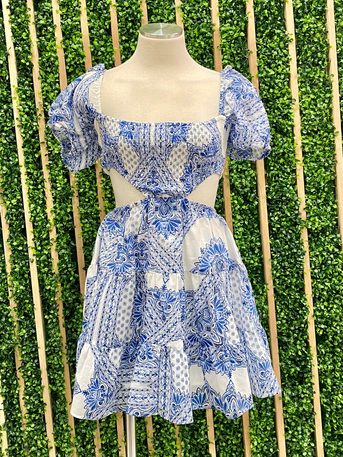 Blue Balloon Sleeve Cutout Short Dress