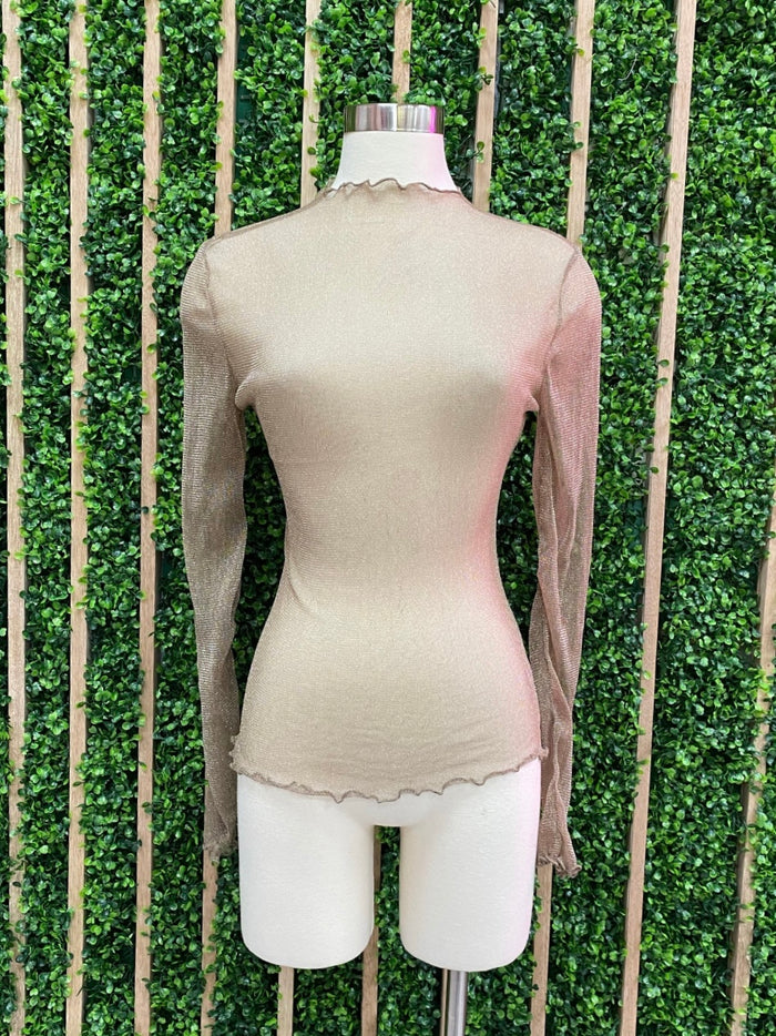 Mock Neck Glitter Mesh Top