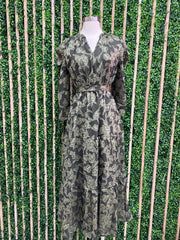 Olive Floral Embossed Tiered Midi Dress