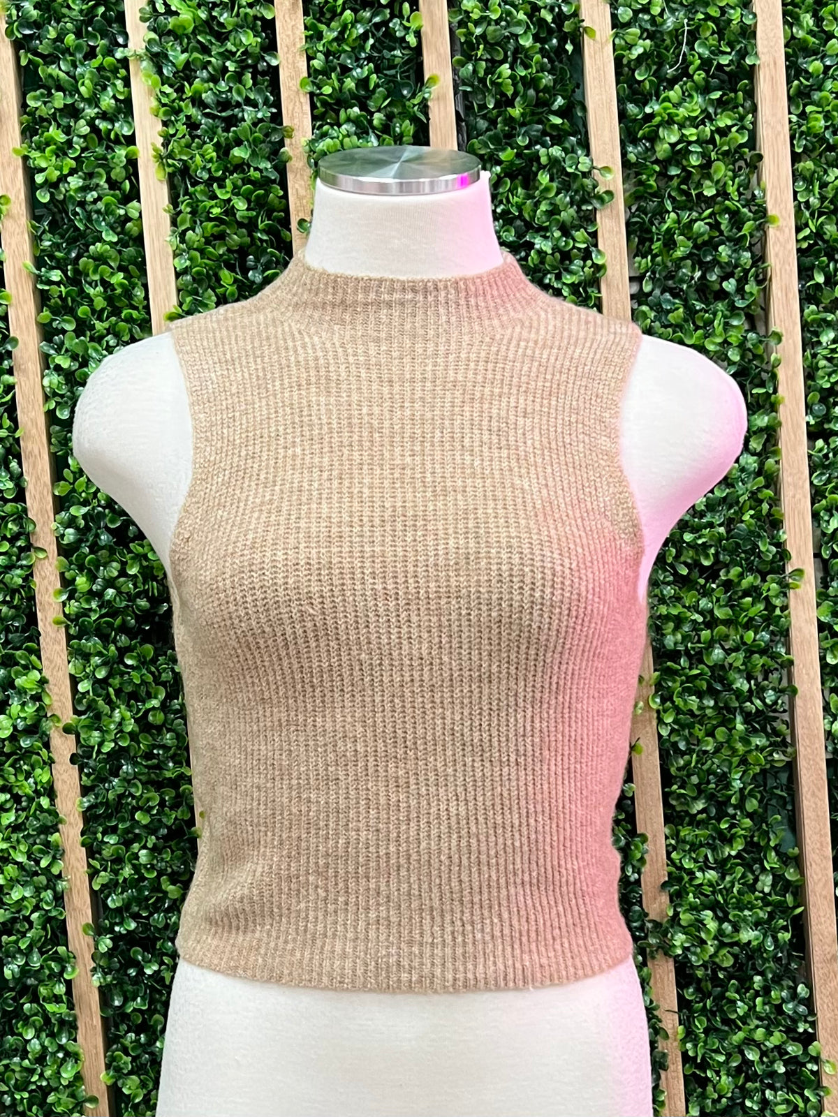 Beige High Neck Knit Top