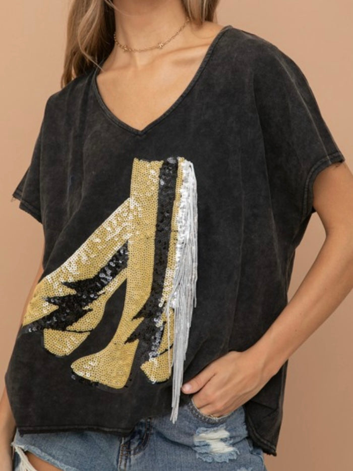 Black Gold Sequin Boots Tee