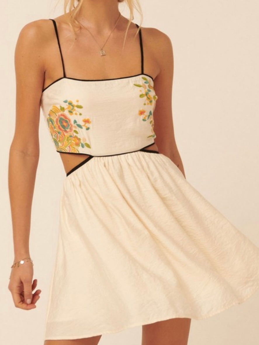 Cream Embroidered Cutout Short Dress