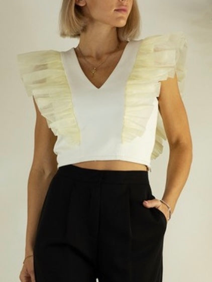 Cream ORganza Ruffle V Neck Top