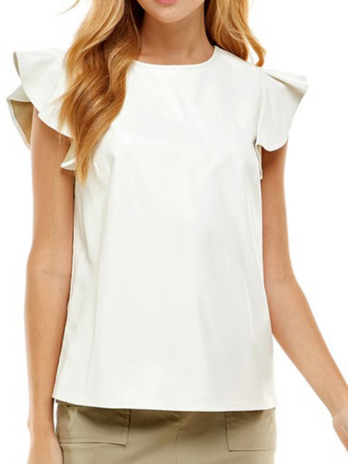 Vegan Leather Ruffle Sleeve Top