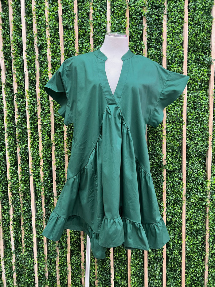 Emerald V Neck Tiered Short Dress