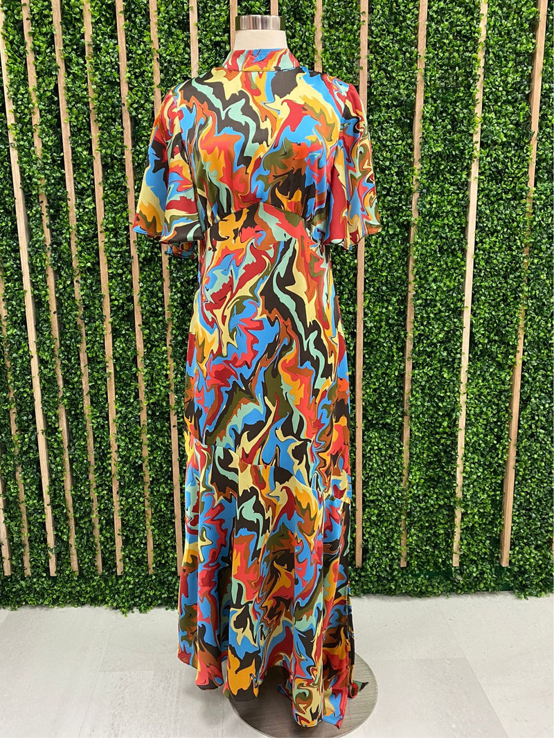 Marble Print Hign Neck Maxi Dress