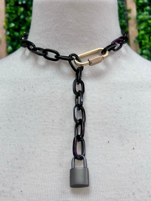 Gold Clasp Gunmetal Lock Chain Necklace