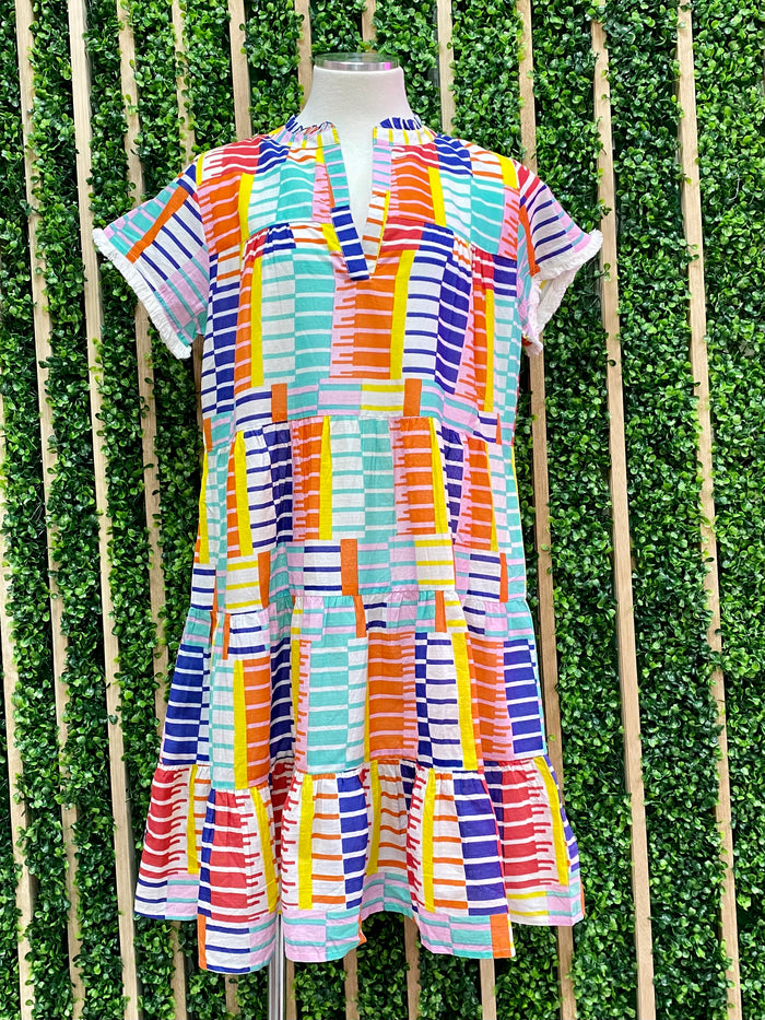 Multicolor Block Flutter Sleeve Dress