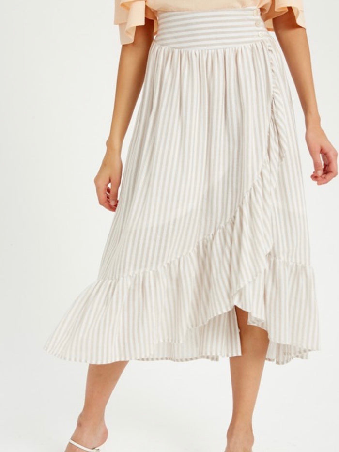 Taupe Striped Ruffle Wrap Skirt