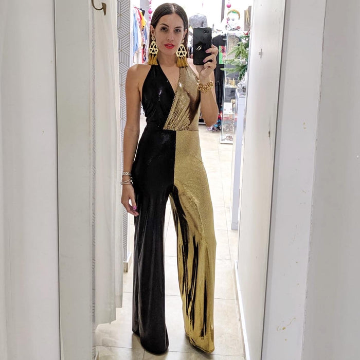 Gold Color Block Halter Jumpsuit
