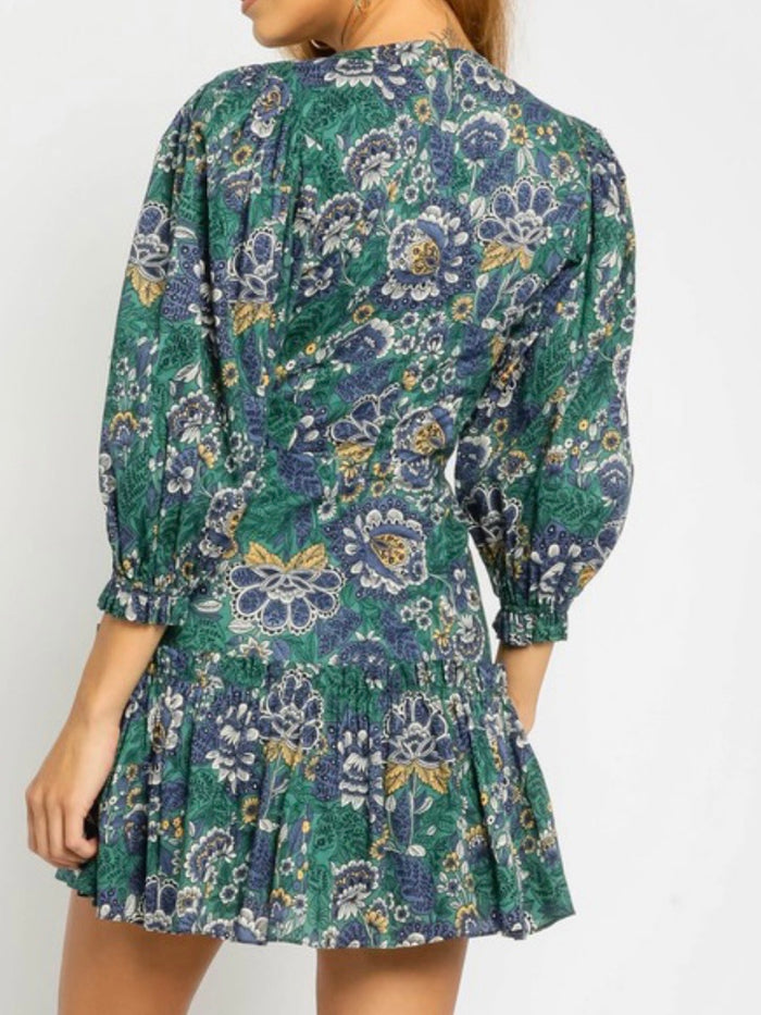 Green Floral Puff Sleeve V Neck Dress